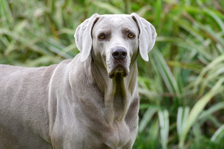 Close up shot of a beautiful Weimaraner female looking at the cameraの写真素材