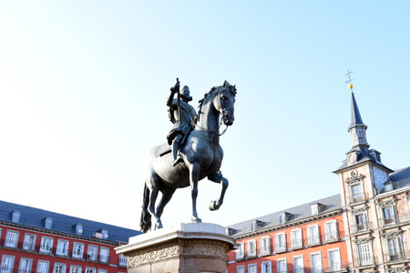 MADRID-SPAIN-FEB 19, 2019: The Felipe III Statue, Madrid stands in the centre of Plaza Mayor depicts King Philip III of Spain triumphantly riding his stallion.のeditorial素材