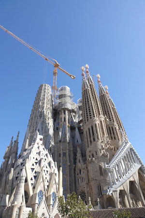 BARCELONA-SPAIN-FEB 22, 2019:  BasÃ­lica y Templo Expiatorio de la Sagrada Familia; is a large unfinished Roman Catholic church in Barcelona, designed by Catalan architect Antoni GaudÃ­. GaudÃ­'s work on the building is part of a UNESCO World Heritage Sitのeditorial素材