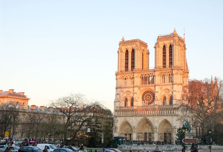 PARIS-FRANCE-FEB 25, 2019:  Medieval Catholic cathedral on the city of Paris. The cathedral is consecrated to the Virgin Mary and considered to be one of the finest examples of French Gothic architectureのeditorial素材