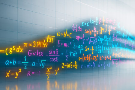 AI-generated image of vibrant mathematical formulas glowing across a glass wall, symbolizing data flow, technology, and futuristic scientific innovation.の素材