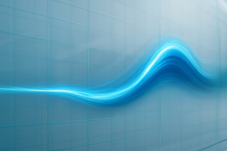 AI-generated image of a deep blue glowing energy flow streaming horizontally across a glass wall, symbolizing futuristic technology and dynamic motion.の素材