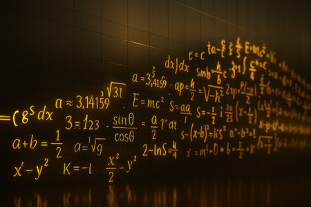 AI-generated image of glowing golden mathematical equations displayed across a reflective wall with a futuristic and technological theme.の素材