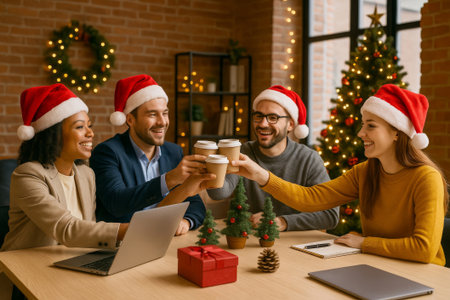 AI-generated image of a diverse business team in Santa hats celebrating Christmas in a modern office. Laptops, coffee cups, and holiday decorations create a cheerful corporate atmosphere, ideal for HR campaigns, company holiday greetings, and marketing.の素材