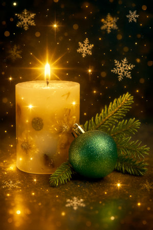 AI-generated image of a glowing botanical candle with a green glitter ornament and evergreen pine sprigs, enhanced with sparkling emerald highlights, warm candlelight flares, and falling snowflakes. Set against a dark background with festive shimmer, creating an elegant and nature-inspired Christmas atmosphere.の素材