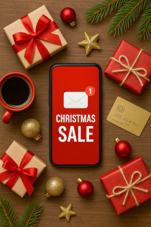 AI-generated flat lay of a smartphone displaying a Christmas sale notification, surrounded by gift boxes, coffee mug, credit card, and festive holiday ornaments on a wooden table. Perfect for digital marketing, e-commerce, and seasonal advertising.の素材