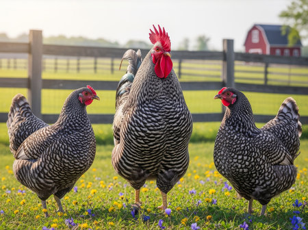 Realistic photo of a Barred Rock (Plymouth Rock) rooster standing proudly between two hens in a grassy pasture.の素材