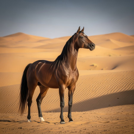 AI-generated image of a majestic Arabian horse standing tall in golden desert dunes.の素材