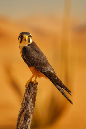 AI-generated image of an Aplomado Falcon (Falco femoralis) perched alertly on a weathered branch in a desert setting.の素材