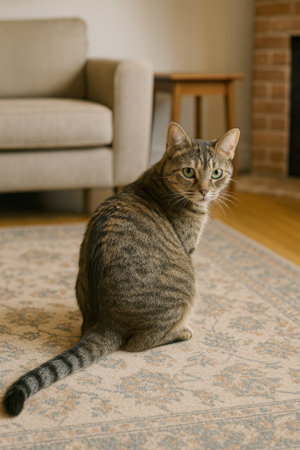 AI-Generated image of a domestic tabby cat sitting on a patterned rug in a cozy living room, looking back with striking green eyes.の素材