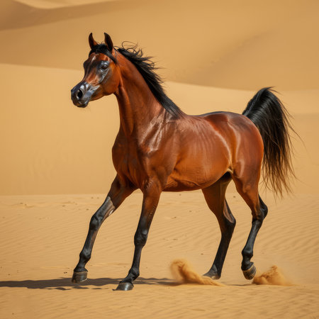 AI-generated image of a powerful Arabian horse running gracefully across golden desert sand.の素材
