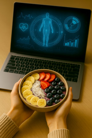 AI-generated image of a person holding a healthy smoothie bowl with banana, strawberries, blueberries, and rice in front of a laptop displaying futuristic health analytics.の素材