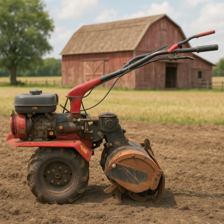 AI-Generated image of a red and black rototiller standing on freshly tilled soil.の素材