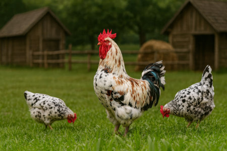 AI-generated image of a striking speckled rooster with vivid red comb standing tall in a green farmyard, flanked by two spotted hens.の素材
