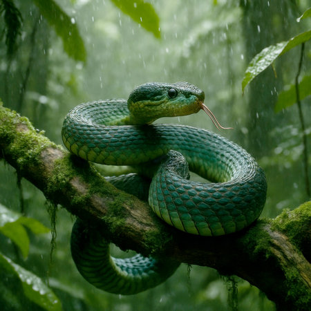 AI-generated image of a vibrant green pit viper coiled around a mossy tree branch in a rainforest.の素材