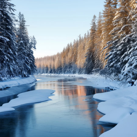 AI-generated image of a Beautiful winter scene of a partially frozen river surrounded by dense evergreen forest covered in snow.の素材
