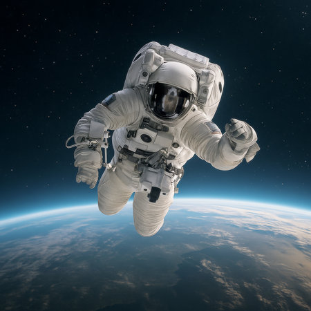 AI-generated image of an astronaut floating weightlessly in outer space above Earth, with a vast cosmic view of stars and the glowing atmosphere.の素材
