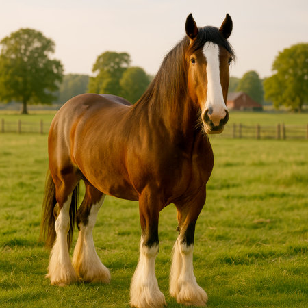 A massive Clydesdale draft horse stands in a grassy countryside farm field, its feathered legs and strong build embodying raw power and gentle presence.の素材