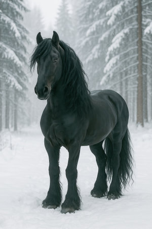 A majestic black Friesian horse stands proudly in a misty mountain valley at dawn.の素材