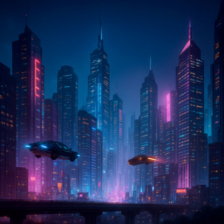 AI-generated image that captures a futuristic city skyline at night, illuminated with vibrant neon lights. Flying cars.の素材