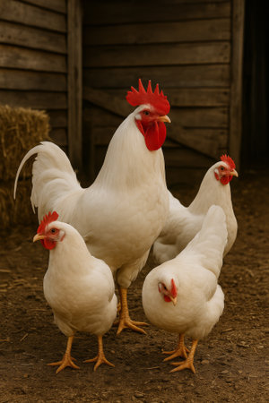 A bright white Leghorn rooster with tall red comb stands proudly alongside several white hens in a rustic farmyard setting.の素材