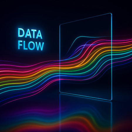 AI-generated abstract digital artwork featuring neon-colored flowing lines of data streams passing through a glowing futuristic frame, with the words "DATA FLOW" illuminated in bright cyan.の素材