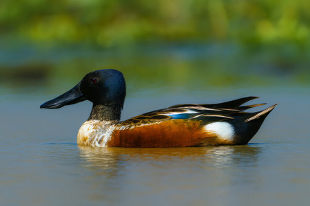 AI-generated image of a vivid male Northern Shoveler duck (Anas clypeata) gliding smoothly on calm water.の素材
