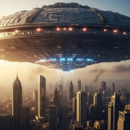 AI-Generated image of a colossal alien spacecraft hovering ominously above a sprawling modern city skyline. The disc-shaped ship dominates the sky.の素材