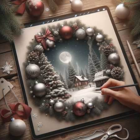 AI-Generated image of a creative holiday artwork featuring a Christmas wreath framing a snowy winter cottage scene. Ornaments, pinecones, and red bows adorn the wreath, while a hand is seen sketching the wintry cabin under a glowing full moon.の素材