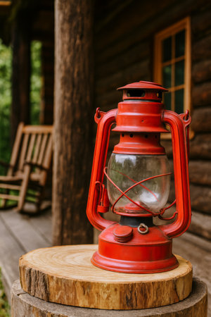 AI-Generated image of a rustic red lantern placed on a cut wooden stump in front of a log cabin. The lantern, with its classic glass globe and sturdy metal frame, shows signs of use, giving it a nostalgic, weathered charm.の素材
