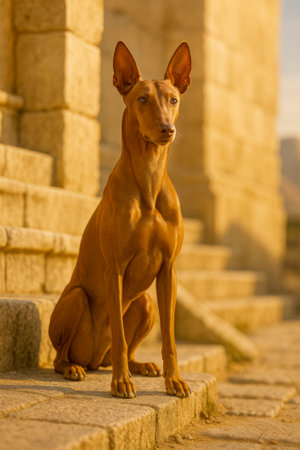 AI-generated image of a Pharaoh Hound sitting on ancient stone steps, bathed in golden light. This breed, native to Malta, resembles depictions of dogs in Egyptian art and is known for its sleek, athletic form.の素材