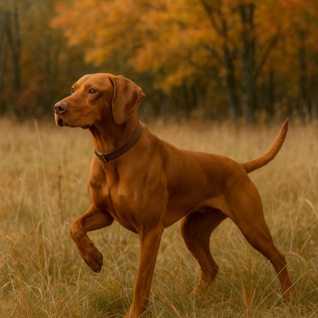 AI-generated image of a Vizsla dog standing alert in a meadow with autumn foliage in the background, one paw raised in a classic pointing stance, showcasing its sleek rust-colored coat.の素材