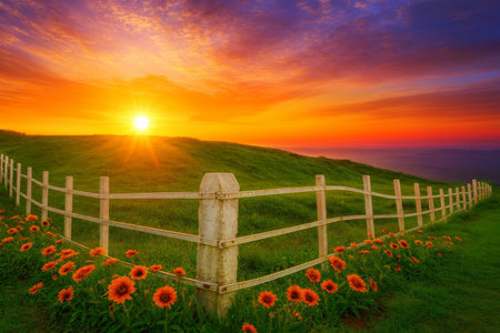AI-Generated image of a radiant sunrise over a grassy hill, with a rustic white fence leading into the distance. Bright orange flowers bloom along the fence line, glowing warmly in the golden sunlight.の素材