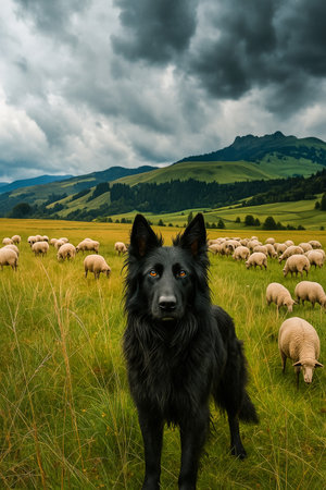 AI Generated image of a Belgian Shepherd standing watchfully in a green pasture surrounded by grazing sheep. Dark storm clouds gather above rolling hills and mountains in the background, creating a dramatic rural landscape.の素材