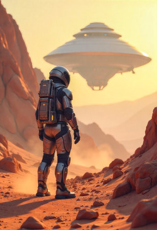 AI-Generated image of a futuristic astronaut in a black armored spacesuit standing on a rocky red desert terrain, gazing at a hovering UFO-like spaceship in the sky.の素材