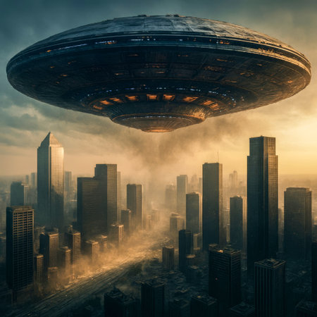 AI-Generated image of a colossal alien spaceship hovering menacingly over a dark, modern metropolis at dusk. The massive UFO emits a subtle orange glow beneath its metallic structure, illuminating the haze and casting dramatic shadows across skyscrapers.の素材