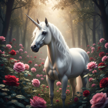 AI Generated image of a radiant white unicorn standing in a mystical forest filled with blooming pink and red roses. Its long spiraled horn shines softly as golden sunlight filters through the misty trees, casting a magical glow on its flowing mane.の素材