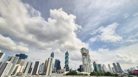 PANAMA CITY, PANAMA-AGO 30, 2025 :  Skyline of Panama City, Panama. Prominently featured is the...