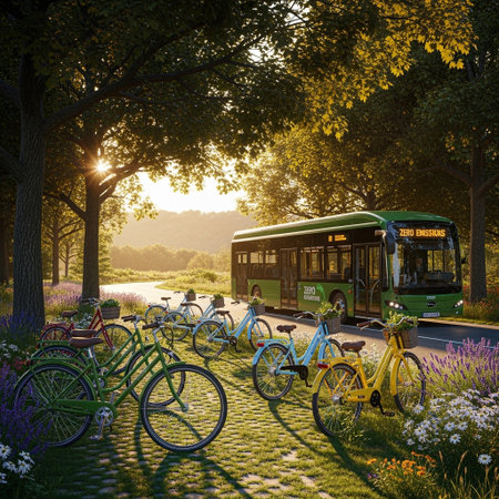 AI Generated image of a zero-emission green bus parked along a scenic tree-lined road surrounded by colorful bicycles. The sunlight filters gently through the canopy, casting a golden glow over the grass and wildflowers.の素材