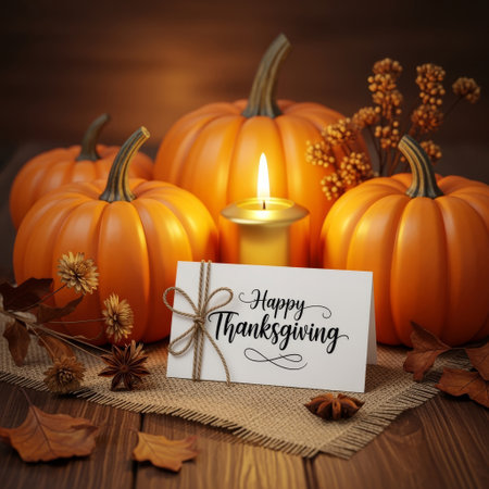AI Generated image of a cozy Thanksgiving still life featuring a âHappy Thanksgivingâ card tied with string, surrounded by bright orange pumpkins, dried autumn leaves, a lit candle, and warm rustic textures.の素材