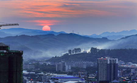 The town in the setting sunのeditorial素材