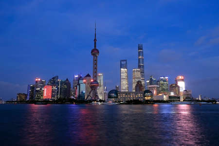Night view of Huangpu River on the Bund, Shanghai, Chinaのeditorial素材
