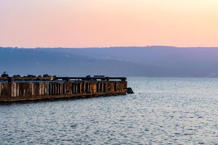 Old concrete bridge in the sea against the sunset.の写真素材