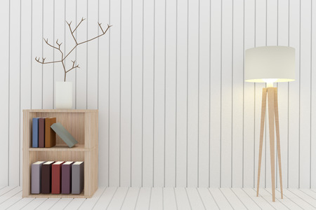 bookshelf with lamp decoration in white room design in 3D renderingの写真素材
