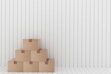 empty cardboard box in the white room in 3D renderingの写真素材
