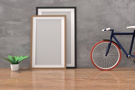 bike with mock up  photo frame in the concrete and wooden floor roomの写真素材