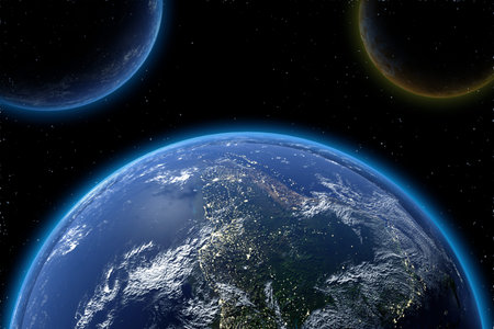 Asteriods in blue earth from space in 3D. Elements of this image furnished by NASA