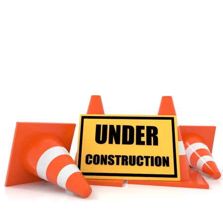 banner under construction with traffic cones on isolated white in 3D renderingの写真素材