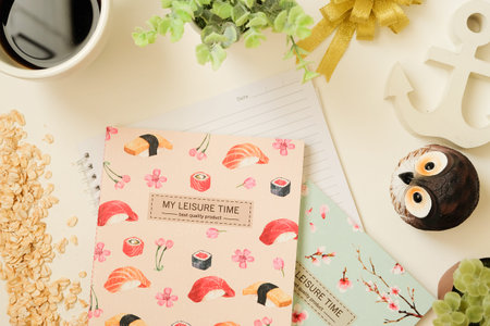 Top view of vintage with black coffee, oat, owl, cactus, notebooks and anchor