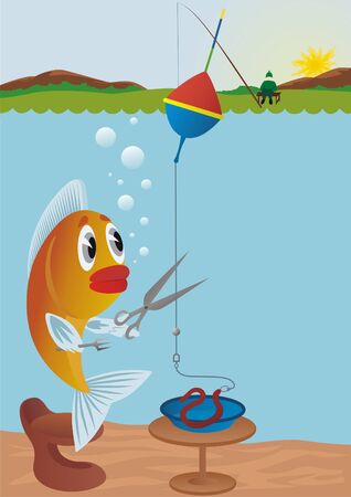 Crafty Goldfish with scissors suit yourself safe lunch, cutting bait on the rod.の写真素材